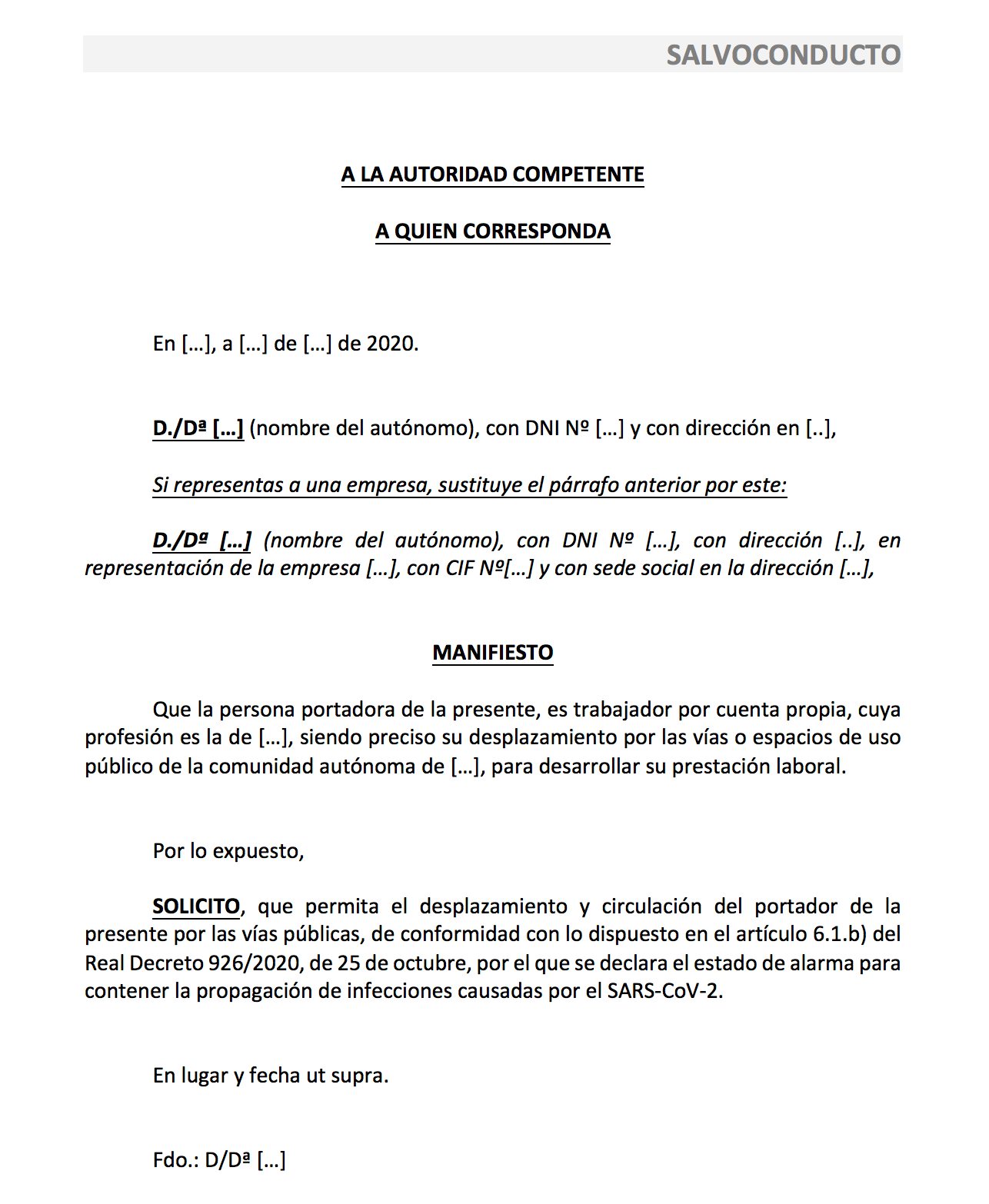 Modelo de Salvoconducto para Autónomos (Estado de Alarma) 🥇