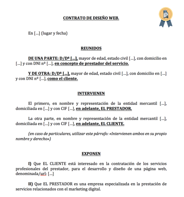 Modelo de contrato para diseñar una página web en Word.