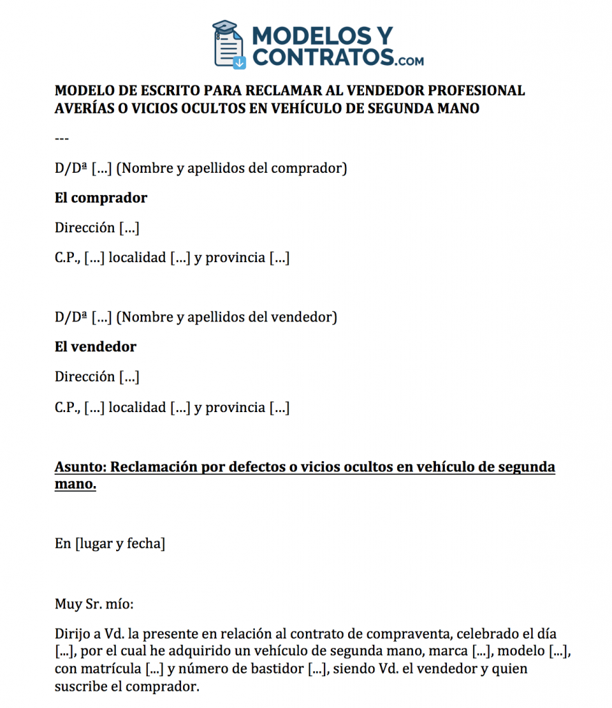 Modelo de burofax reclamar vicios ocultos vehículo (vendedor profesional) Modelo de burofax reclamar vicios ocultos vehículo (vendedor profesional)