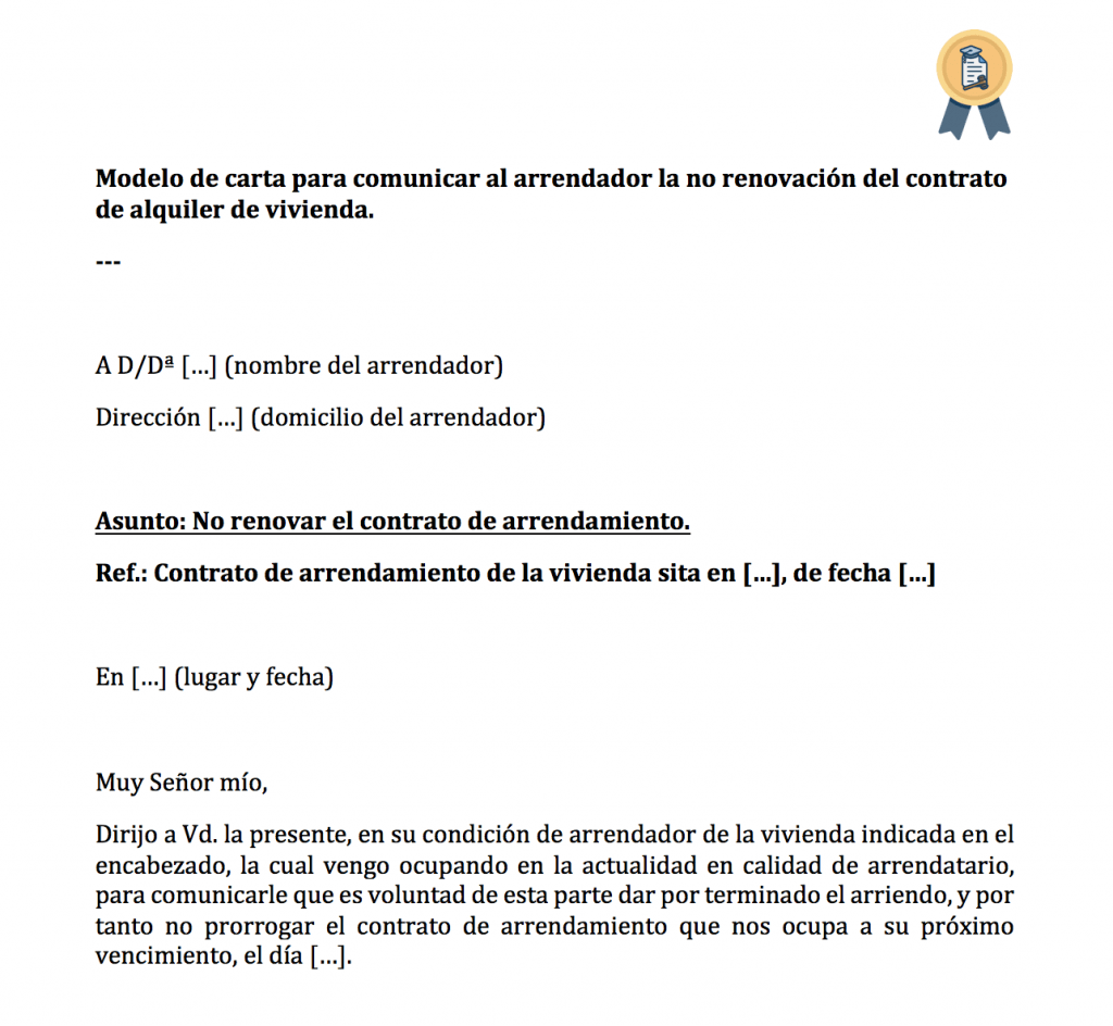 Descargar carta para notificar arrendador no renovar (en Word). Carta para comunicar al casero la no renovación del alquiler.