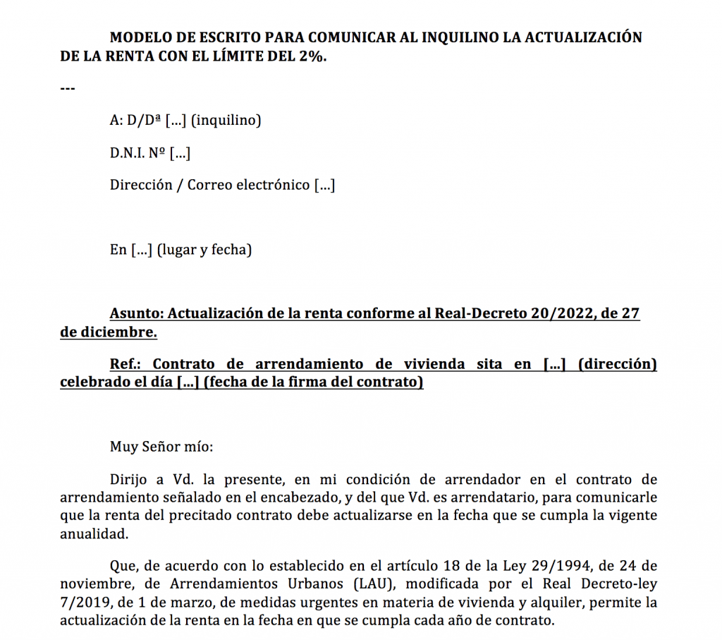 Carta para subir la renta RD 20/2022