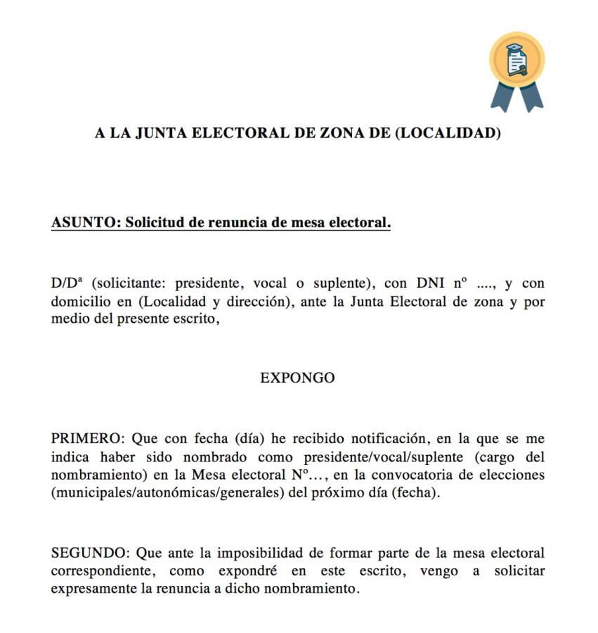 Modelo para darse de baja de una mesa electoral
