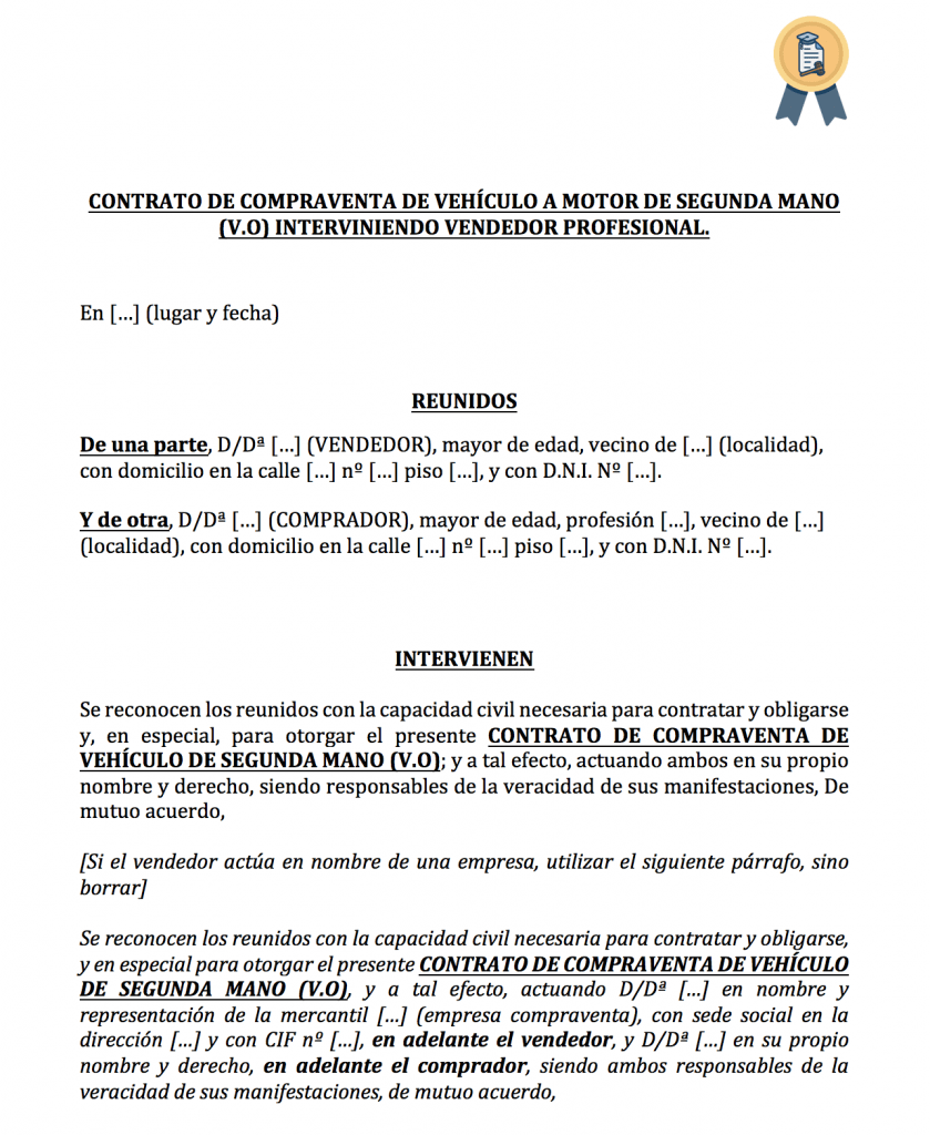 Contrato compraventa vehículos para vendedor profesional. Modelo de contrato de compraventa de vehículos con garantía para vendedor profesional.