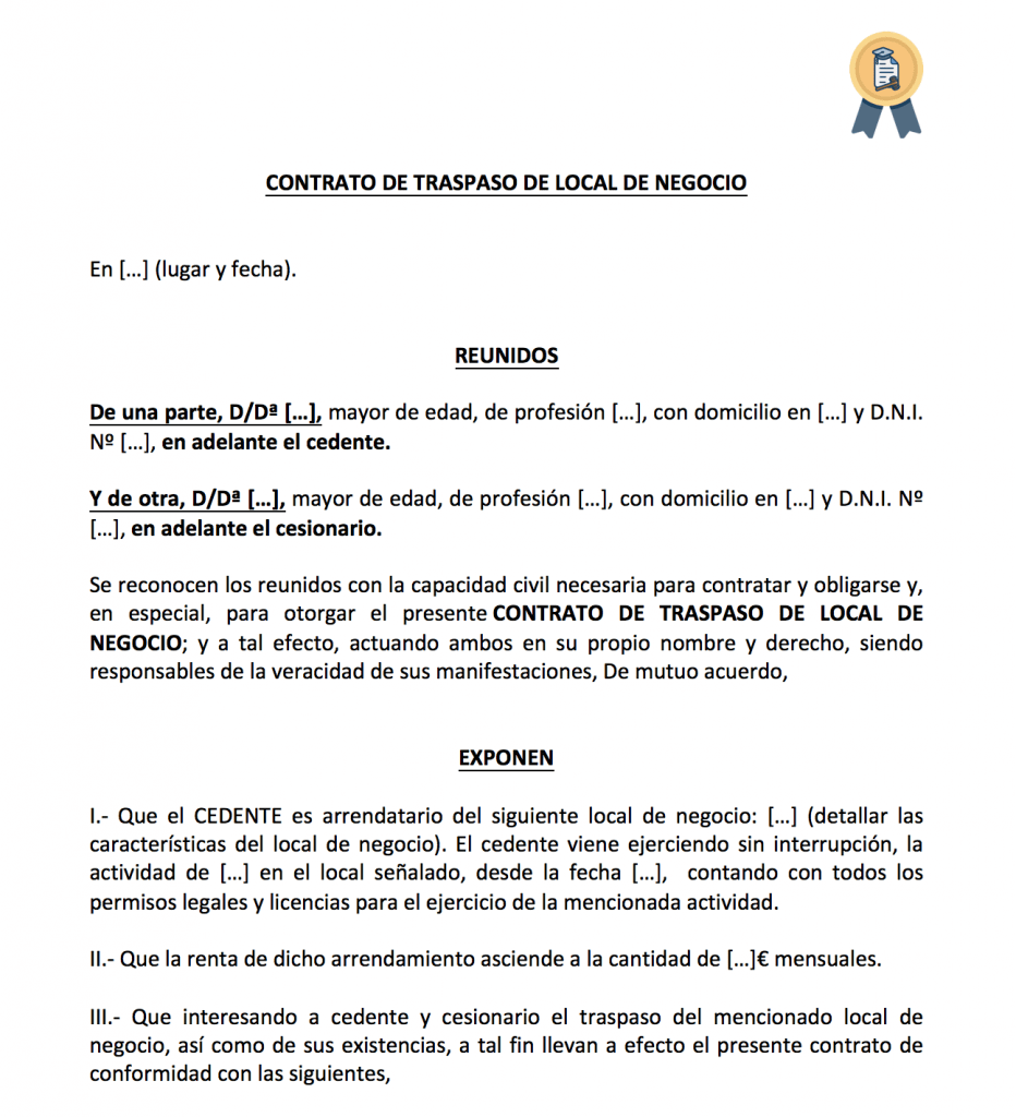 Modelo de contrato de traspaso (bar, restaurante) en Word. Descargar modelo de contrato de traspaso en Word.