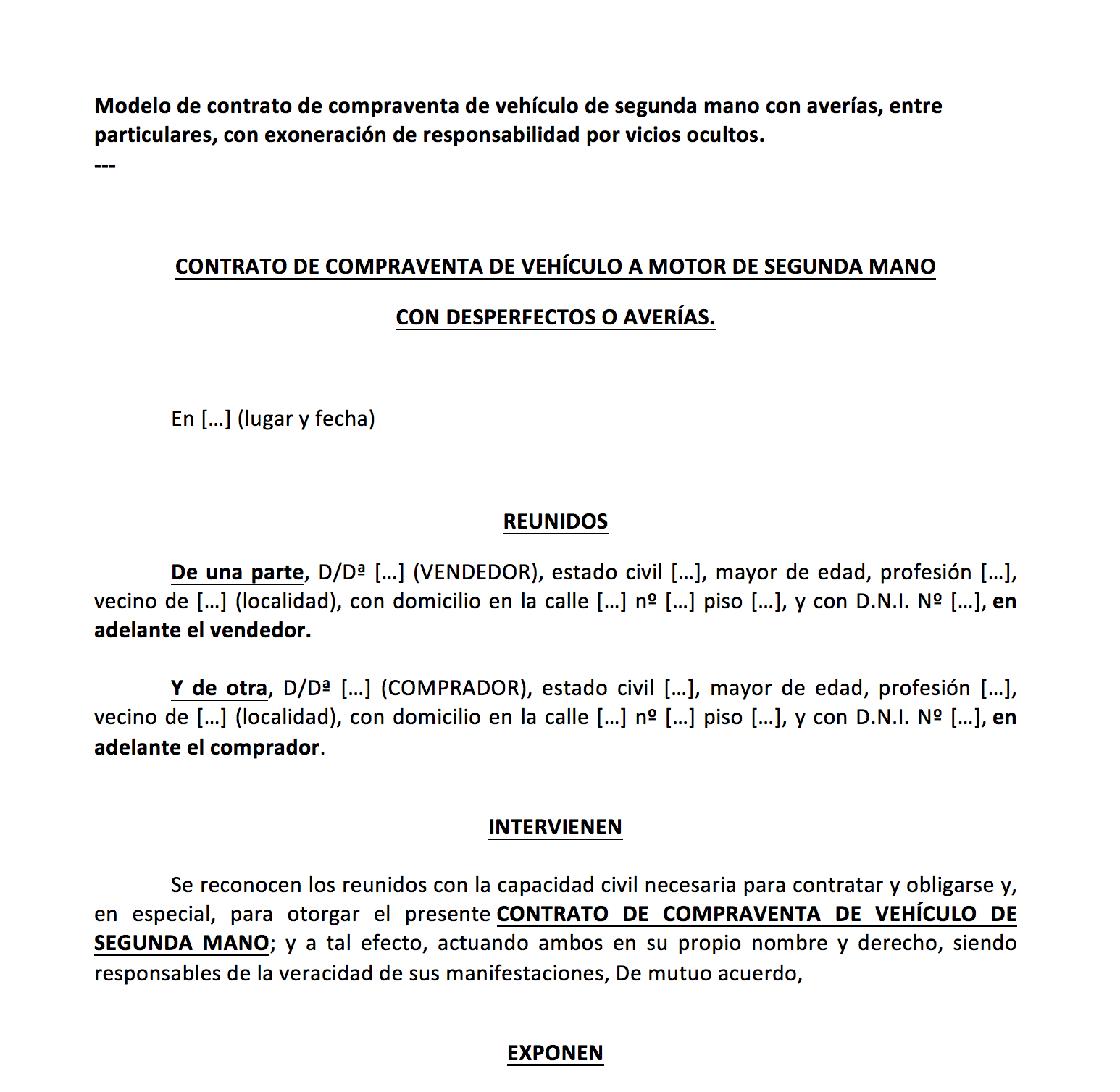 como hacer contrato para vender coche con averías.