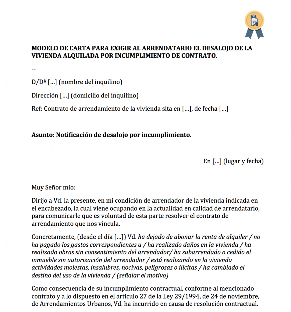 Descargar escrito para desalojar inquilino por incumplir el contrato (Word). Modelo de escrito para finalizar contrato por incumplimiento del inquilino.