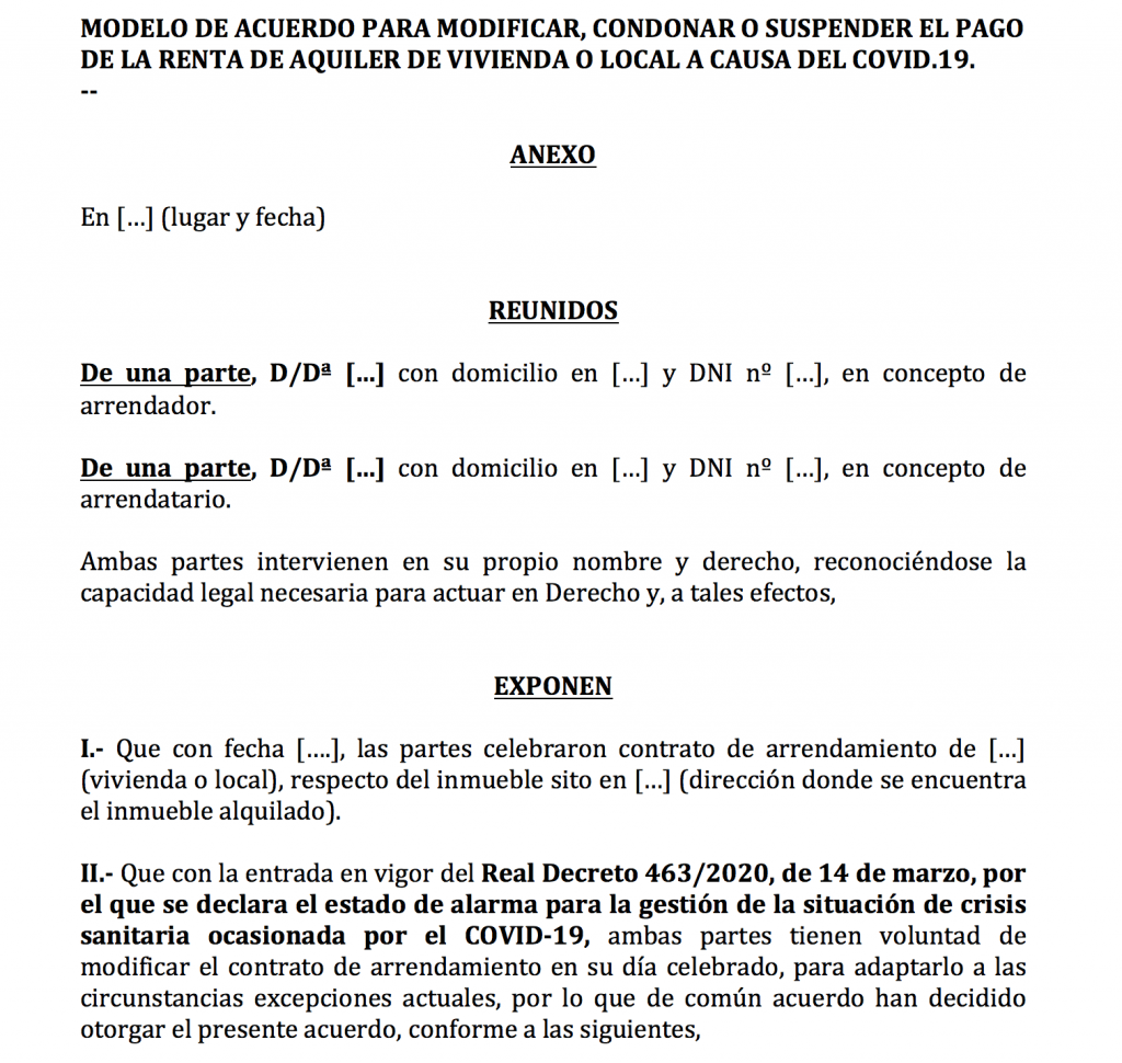 modelo de escrito para acordar modificación, suspensión o condonación del pago del alquiler por Cornavirus (COVID-19).