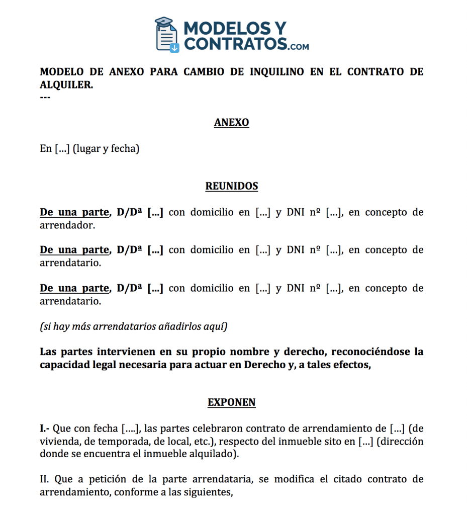 Modelo para cambiar, sustituir o incluir un inquilino al contrato de arrendamiento (Anexo). Documento anexo para cambio de arrendatario en contrato.