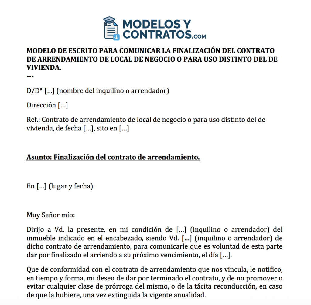 Modelo de preaviso de finalización de contrato de arrendamiento de local de negocio. modelo preaviso fin contrato arrendamiento de local de negocio.