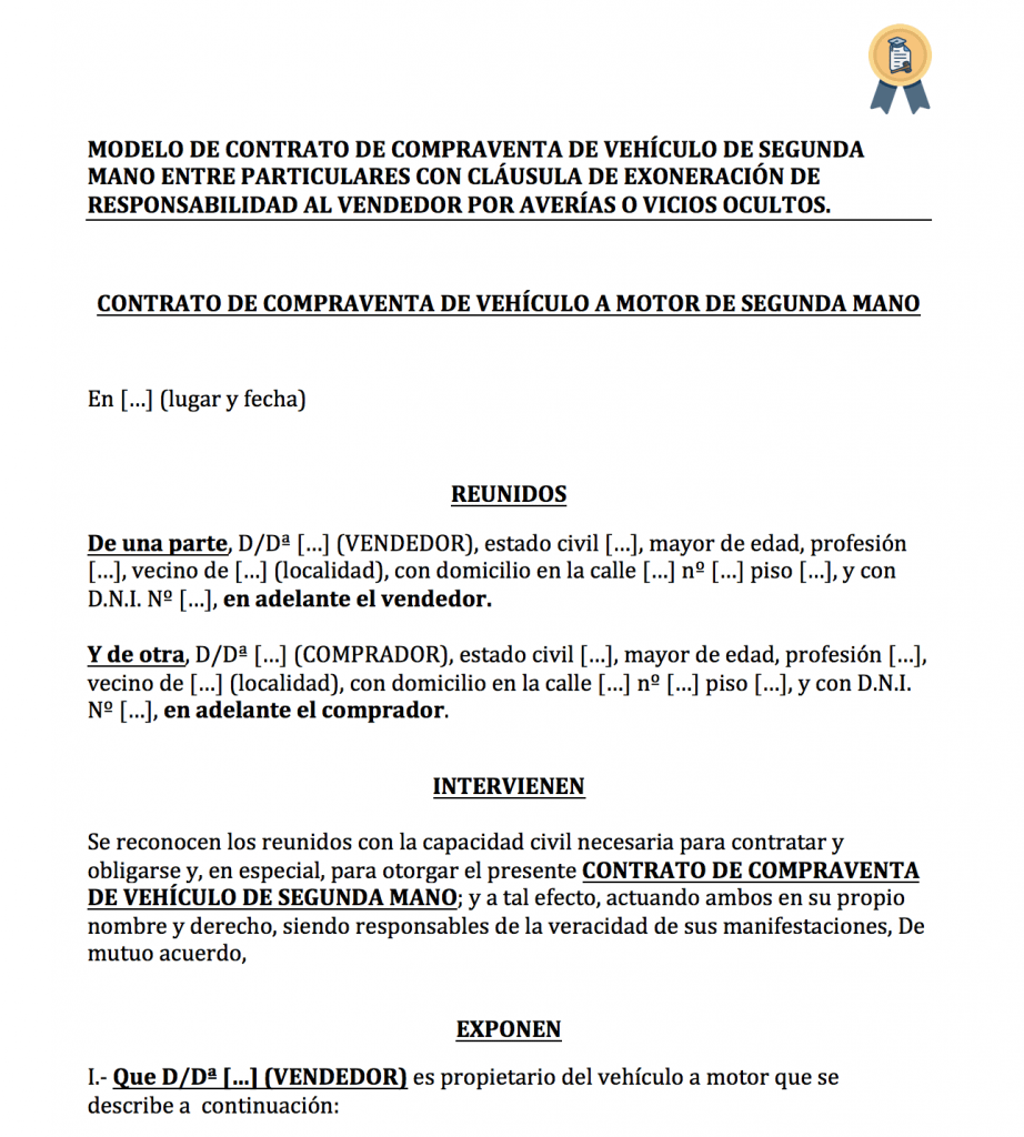 Modelo de contrato de compraventa de vehículo sin garantía (eximir vendedor).