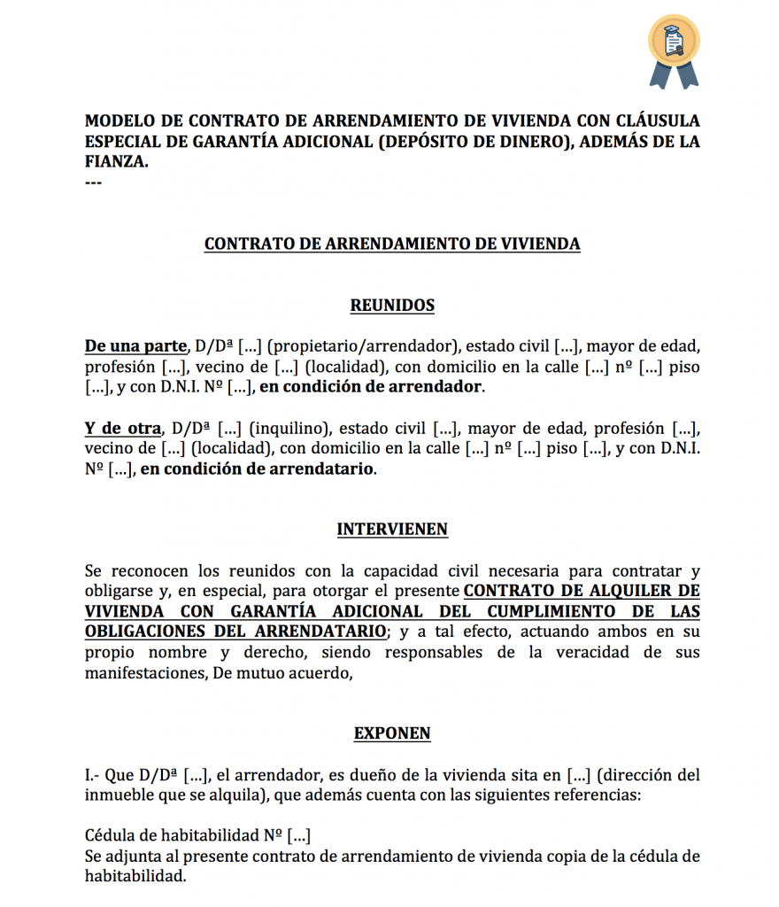 Descargar modelo de contrato de alquiler con depósito. modelo de contrato de alquiler con garantía adicional (dinero)