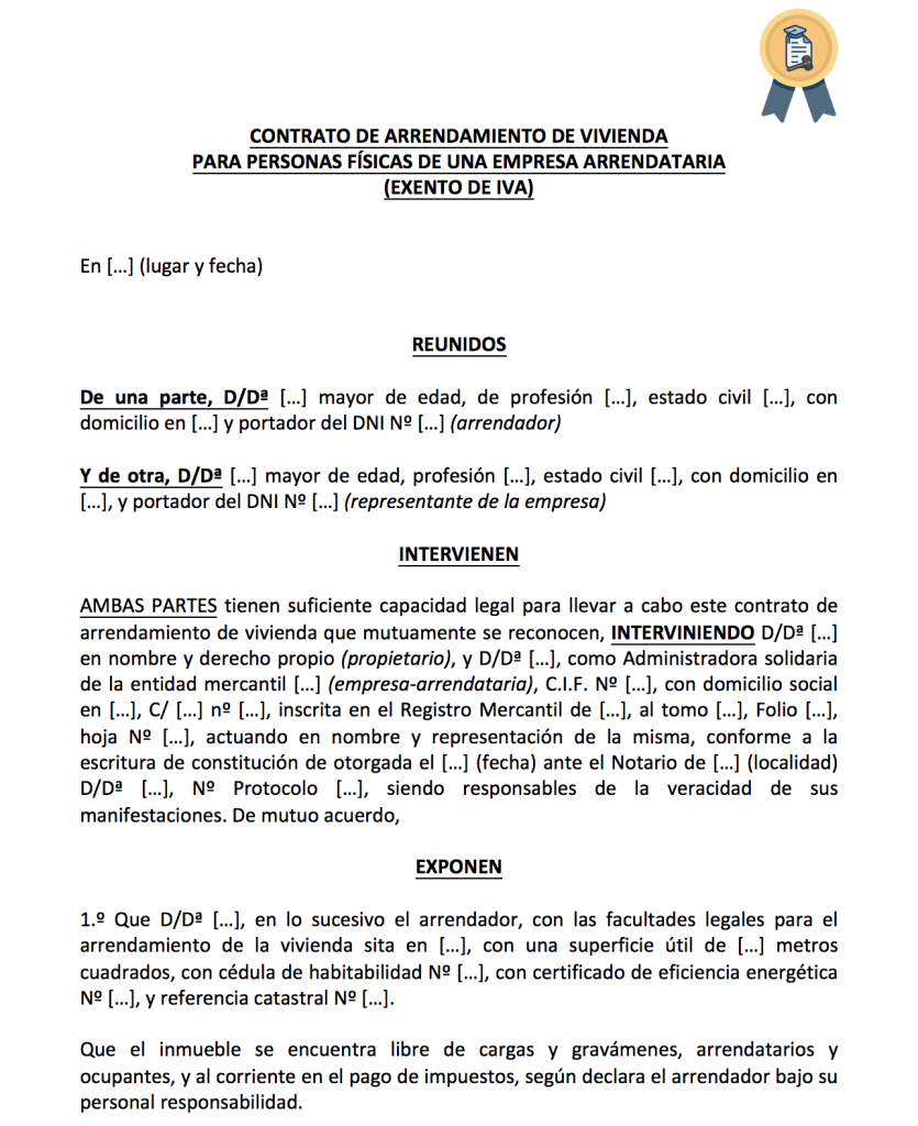 Contrato para alquilar una vivienda para empleados de una empresa (sin IVA)