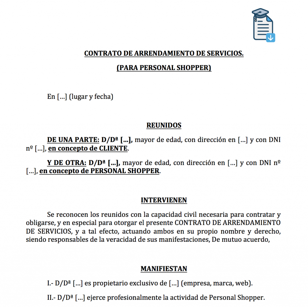 Descargar modelo de contrato para personal shopper. Modelo de contrato para personal shopper.
