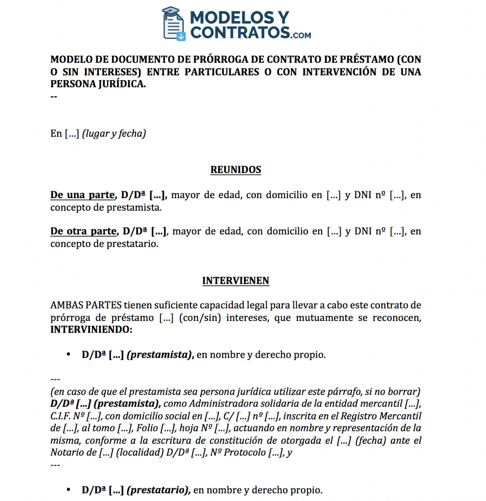 modelo de contrato para prorrogar un préstamo con o sin intereses.