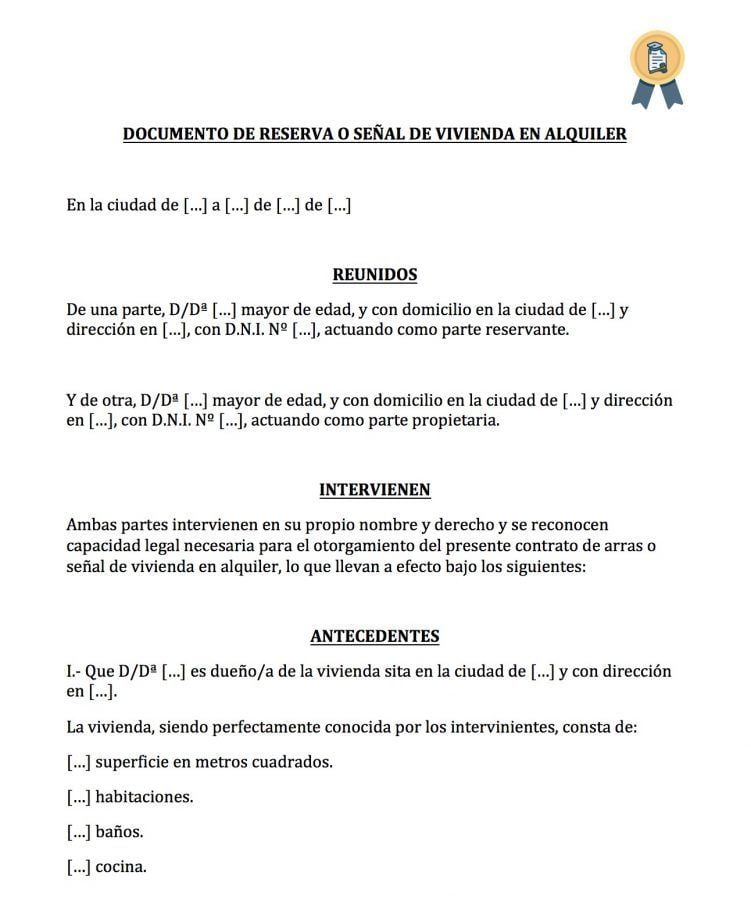 Modelo de documento de arras de alquiler de vivienda (en Word) Modelo de documento de reserva de alquiler de vivienda.