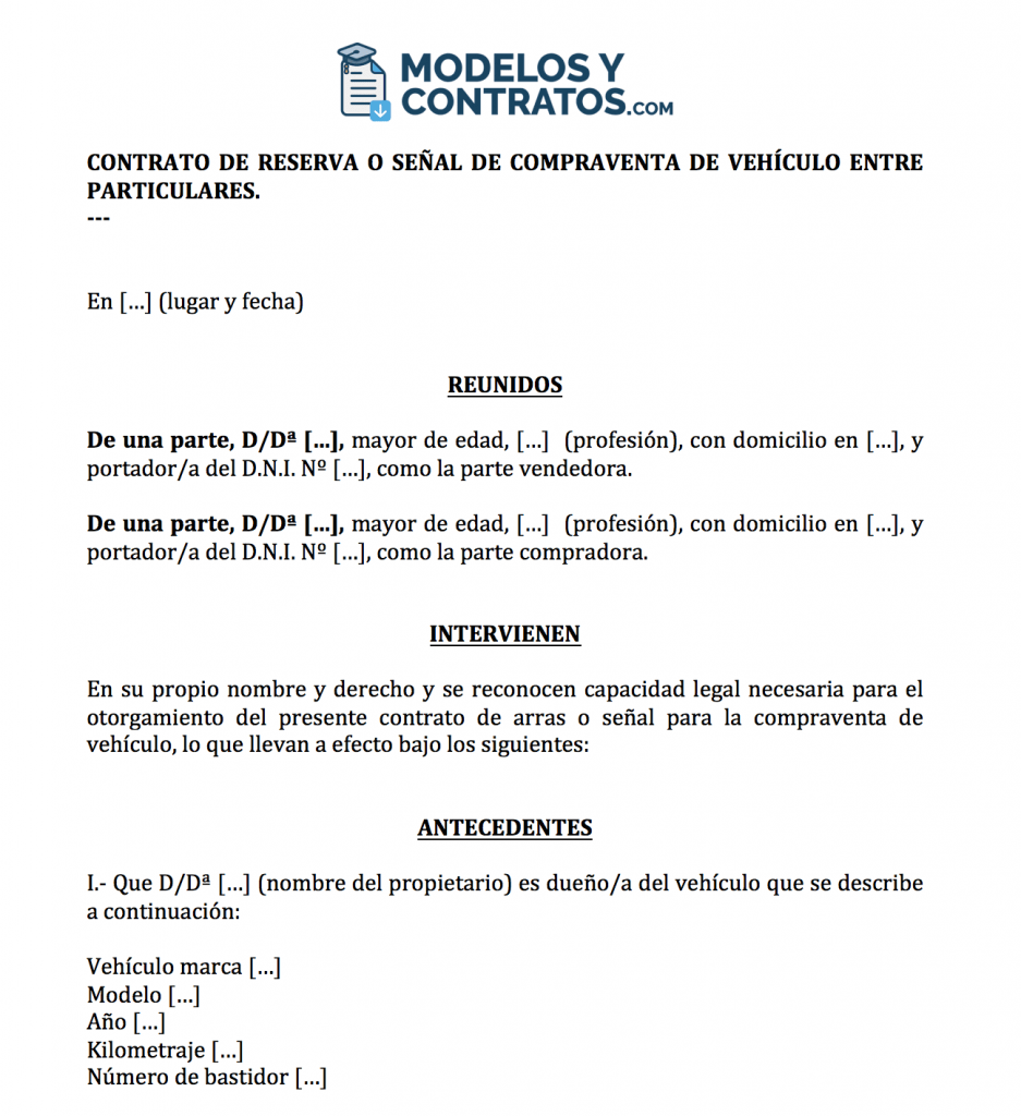 Modelo de contrato para reservar un vehículo (coche, moto).