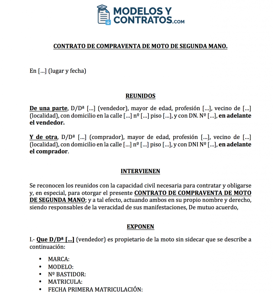 modelo de contrato para vender moto de segunda mano.