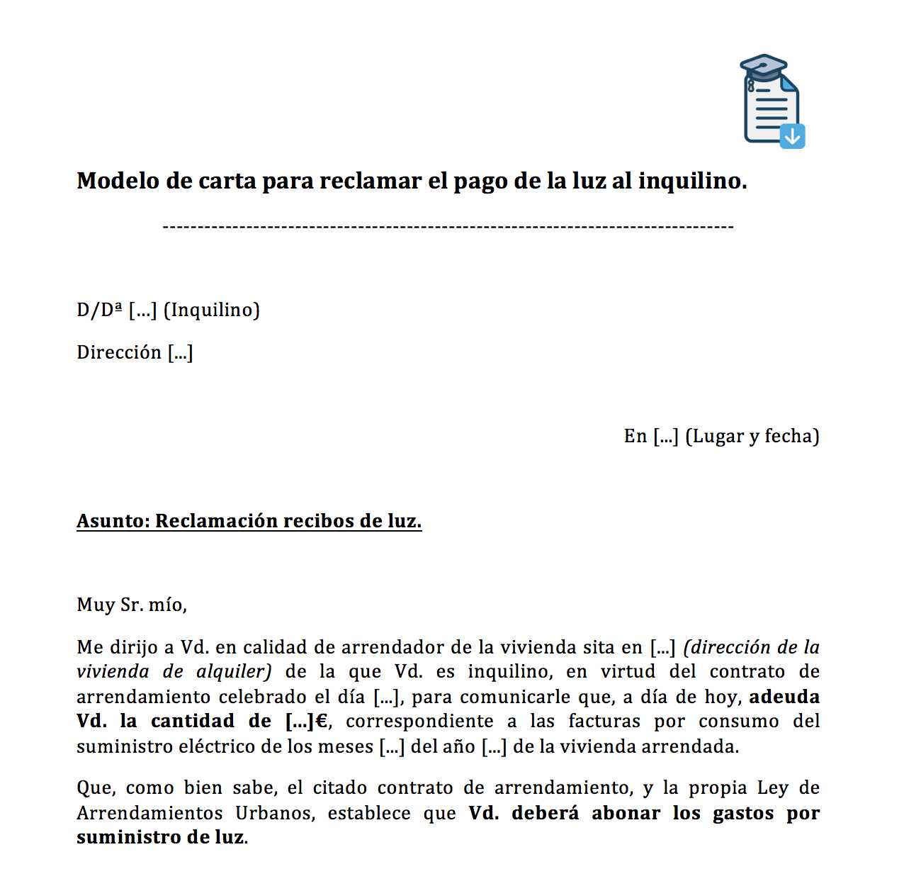 Modelo de escrito para reclamar la luz a inquilino.