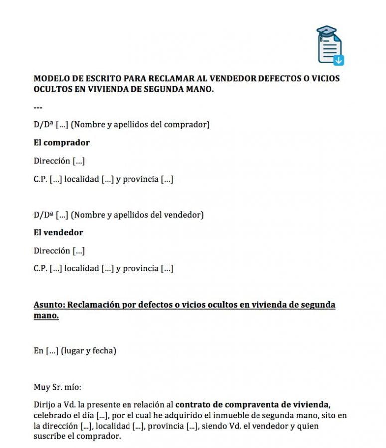 Modelo de escrito para reclamar vicios ocultos al vendedor de un piso.
