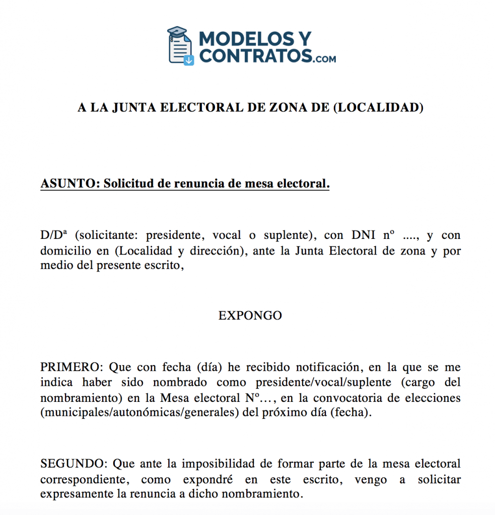 modelo para presentar excusas mesa elecciones generales Espana