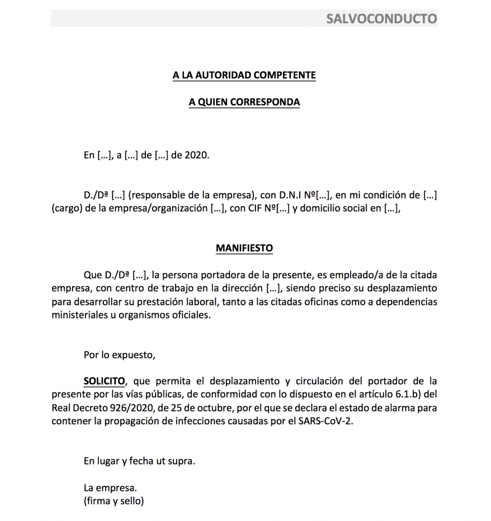 Modelo salvoconducto trabajar en estado de alarma