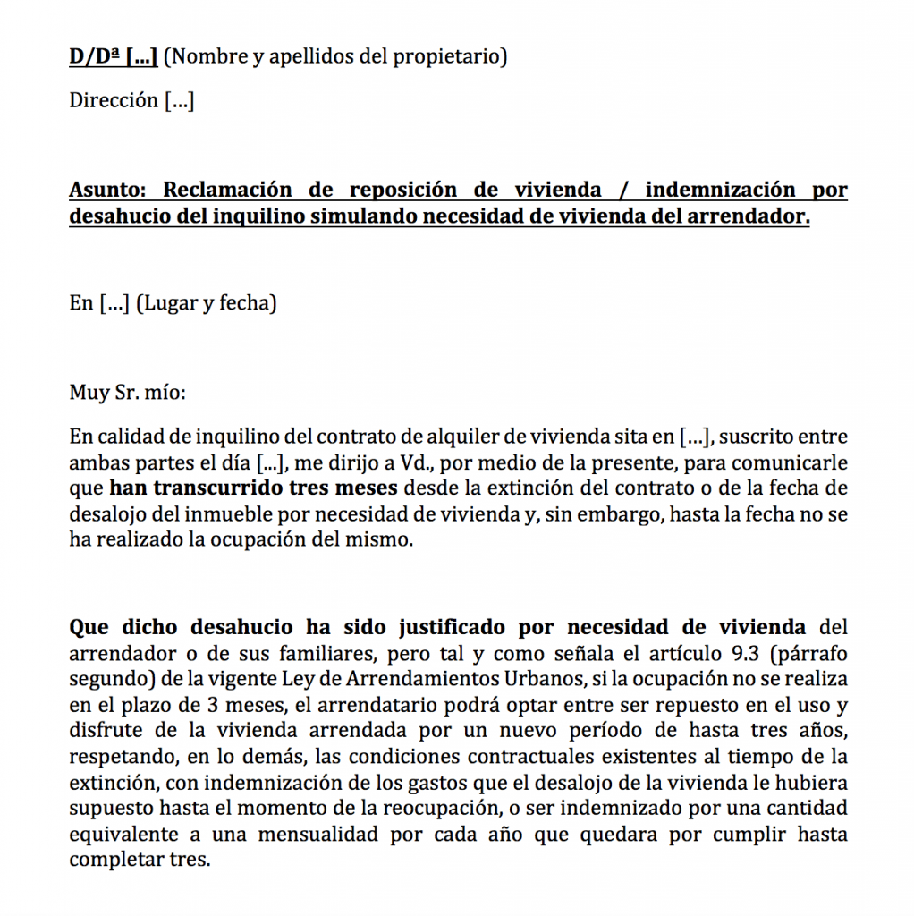 Modelo de escrito para reclamar indemnización por falsa necesidad vivienda del casero. modelo-reclamacion-indemnizacion-por-necesidad-vivienda