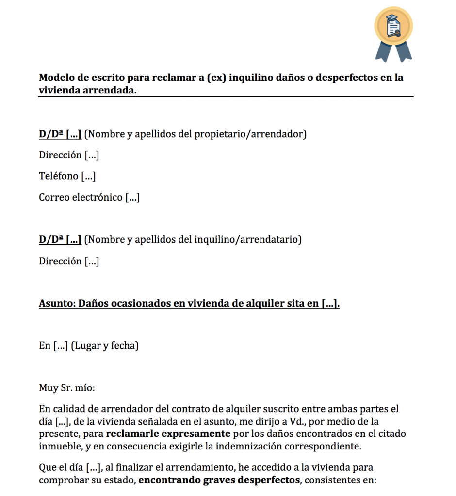 Reclamar daños en pintura a inquilino. Modelo de escrito para reclamar daños a inquilino.