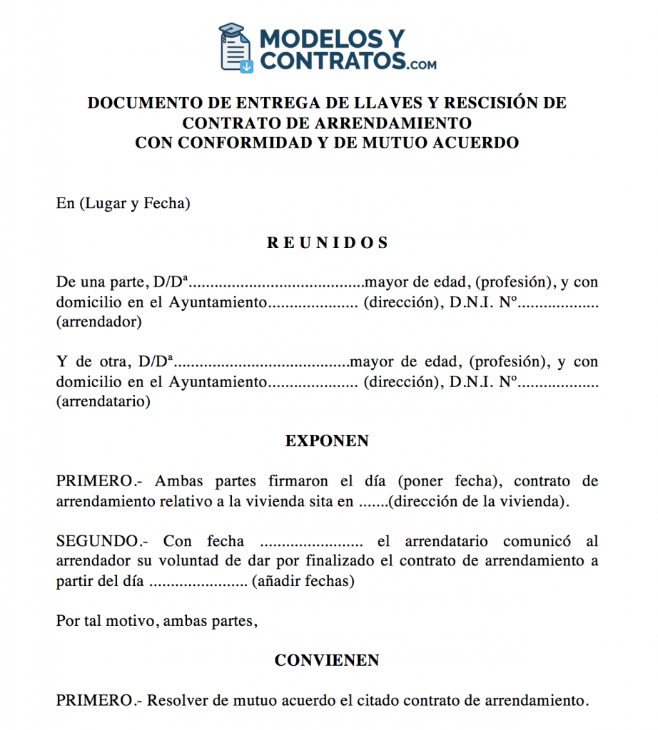 modelo rescisión de contrato y entrega de llaves alquiler vivienda. modelo de escrito para entregar las llaves de la vivienda al final del contrato de alquiler.