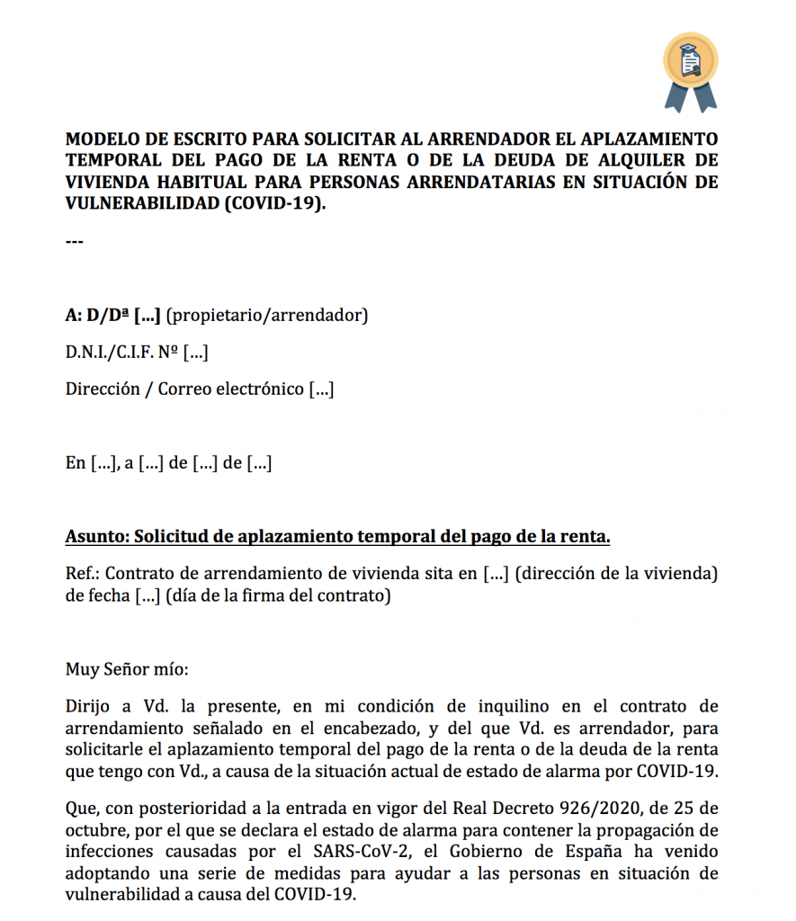 Modelo solicitud aplazar renta por vulnerabilidad del inquilino (COVID).