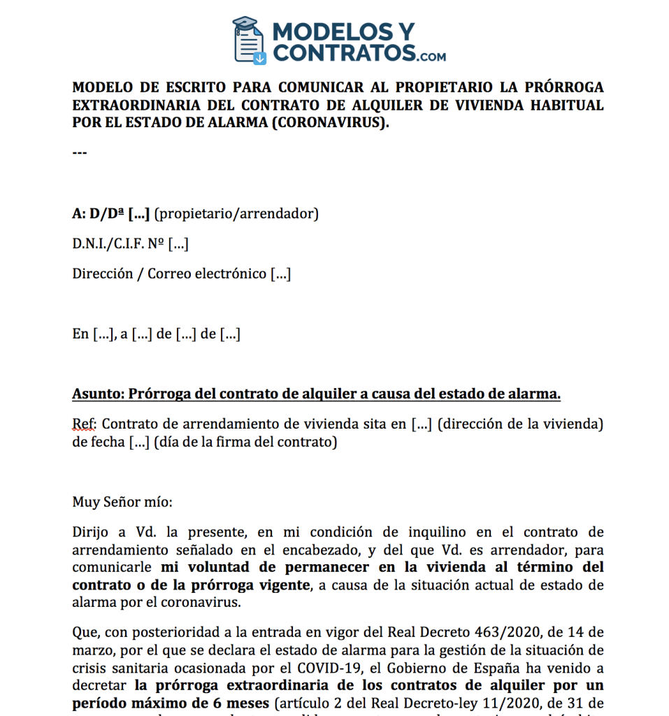 Modelo de solicitud para prorrogar el contrato de alquiler por estado de alarma (COVID-19) Solicitud para prorrogar el contrato de alquiler por el estado de alarma (coronavirus)