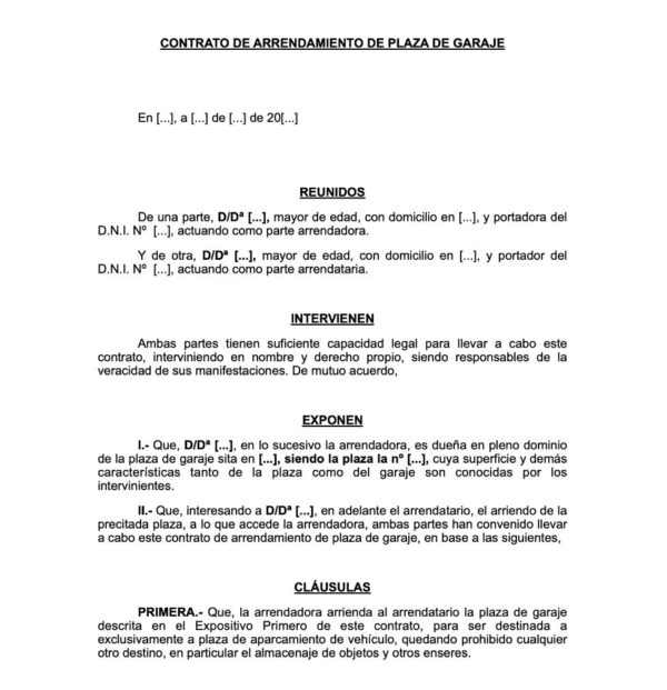 modelo de contrato de alquiler de plaza de garaje (Word, Docx)
