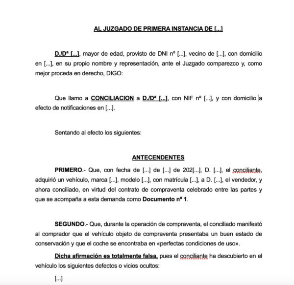 papeleta conciliación vicios ocultos vehiculo