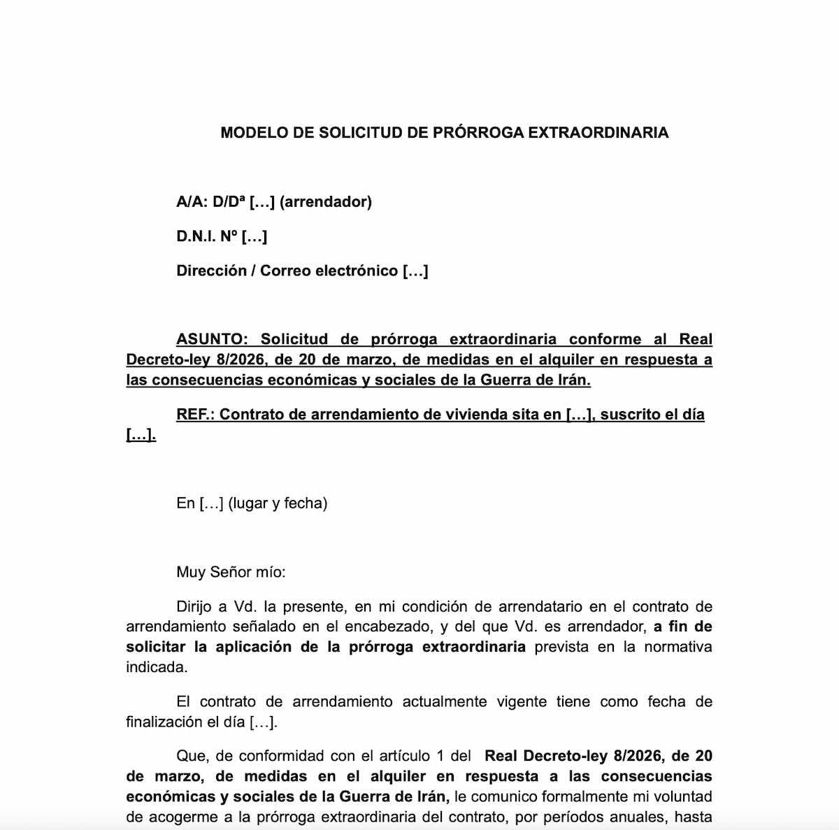 Escrito para solicitar prorroga extraordinaria alquiler vivienda (Real Decreto-ley 8/2026)
